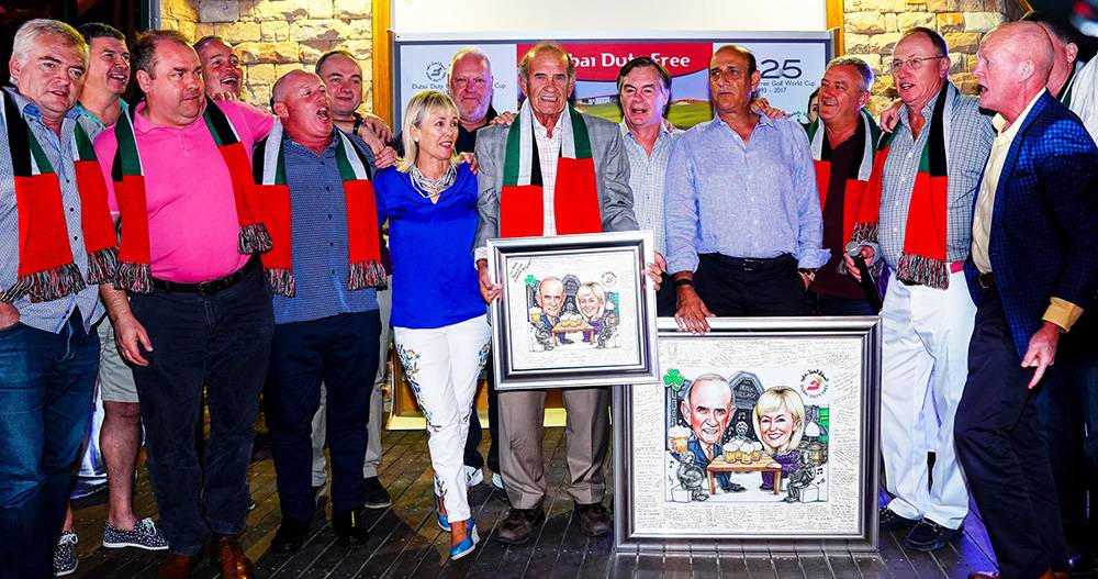 Colm and Breeda McLoughlin receive a special memento to mark the 25 years of the Dubai Duty Free Golf World Cup2